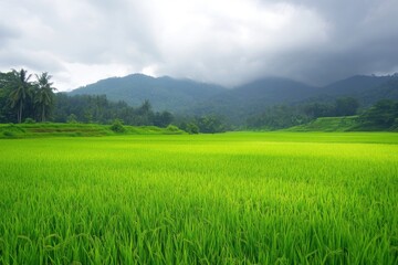 Lush Green Rice Fields With Misty Mountains And Palm Trees In Background