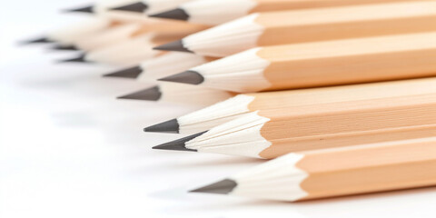 Obraz premium Pencils arranged in row, close-up of sharpened tips, educational supplies, wooden pencils, back to school, learning tools concept