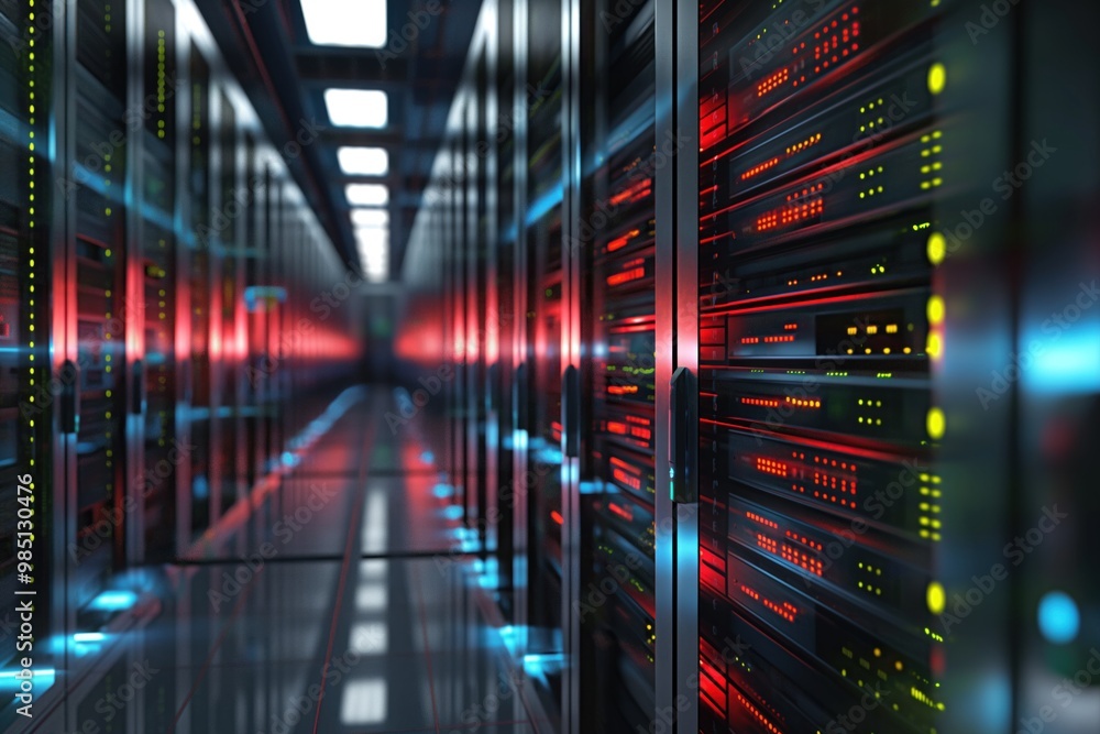 Poster data center server room interior featuring rows of rack-mounted servers, workstations, and equipment