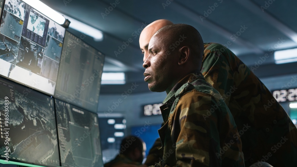 Poster team of army telecommunications operators using radio and satellite gear, cooperating to provide com