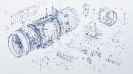 Detailed technical drawing of a jet engine with various components disassembled and labeled.