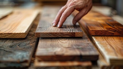 Carpenter Selecting Wooden Planks for Woodworking Project, Close-Up of Hand Touching Wood