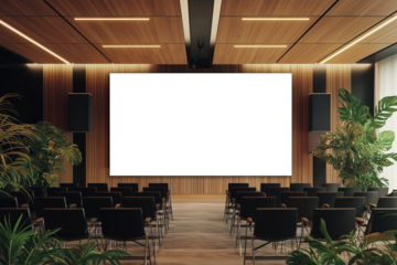 Modern auditorium with blank screen and chairs arranged for presentations, business meetings, and educational events in a professional setting. 