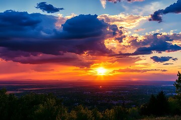 Dramatic sunset sky with vibrant colors and clouds over a rural landscape