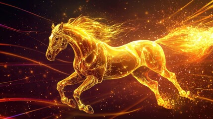 Elegant golden horse galloping, with intricate details and glowing mane, illustrated against a radiant background of colorful jewelry rays