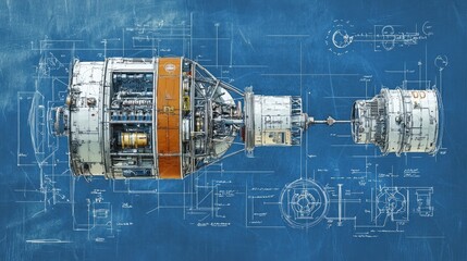 Detailed technical drawing of a spacecraft on a blueprint background.