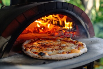 Close-up shot of crusty pizza baking in outdoor wooden oven in garden. Crispy crust, savory sauce, melted cheese, fresh toppings. Aromatic flavors of Italian cuisine. Perfect homemade meal, fast
