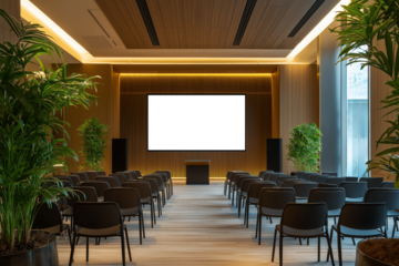 Modern auditorium with blank presentation screen, arranged seating, and lush greenery for business meetings, conferences, and educational events