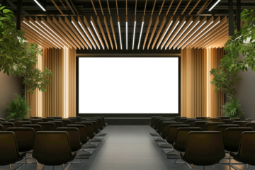Stylish auditorium with blank presentation screen and seating arranged for business events, corporate meetings, and educational conferences in a modern, professional environment. 