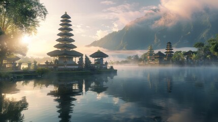 Japanese temple in the middle of a lake at sunset