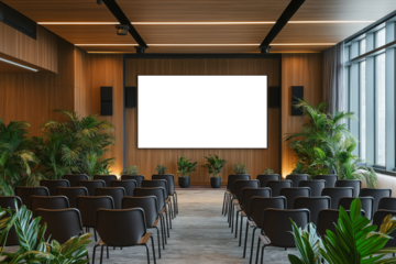 Modern auditorium with blank presentation screen, comfortable seating, and lush plants for corporate meetings, business conferences, and educational seminars in a contemporary setting. 
