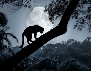 the silhouette of a jungle cat on a large tree branch with a full moon casting down in the jungle, monochromatic
