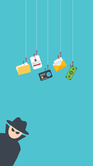 Hacker stealing confidential data, personal information and credit card detail. Hacking concept.	