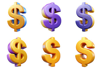 PNG dollar sign 3d collection, in cartoon style minimal on transparent, white background, isolate