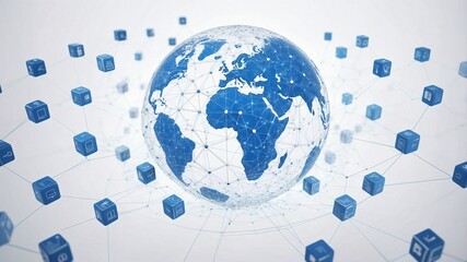 A blue and silver digital globe on a white background, surrounded by many small cube icons representing global network connections