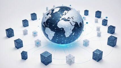 A blue and silver digital globe on a white background, surrounded by many small cube icons representing global network connections