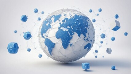 A blue and silver digital globe on a white background, surrounded by many small cube icons representing global network connections