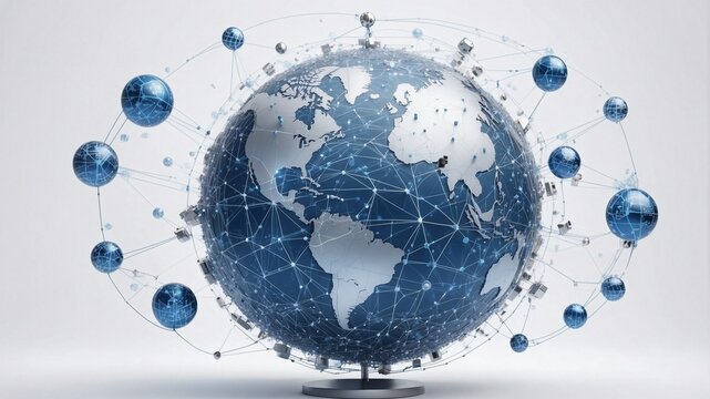 A blue and silver digital globe on a white background, surrounded by many small cube icons representing global network connections