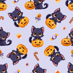Fototapeta premium Cute Halloween seamless pattern with adorable black cats playing with pumpkin jack-o-lanterns, candies and spooky treats