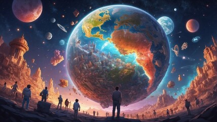 Humankind observing changes on Planet Earth, representation of social problems, global cataclysm