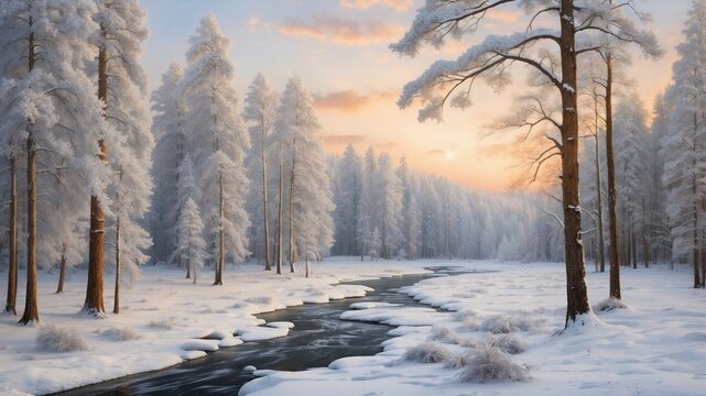 Beautiful nature scene with winter forest, trees, snow and river