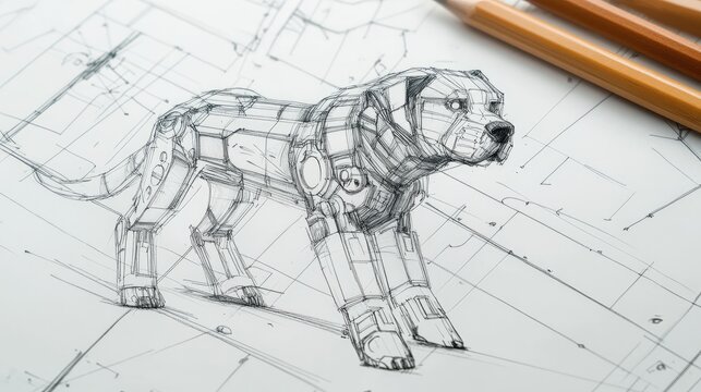 A hand-drawn sketch of a robot dog on a blueprint with pencils lying next to it.