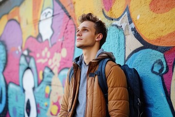 Fototapeta premium Attractive young man standing against colorful graffiti wall looking away