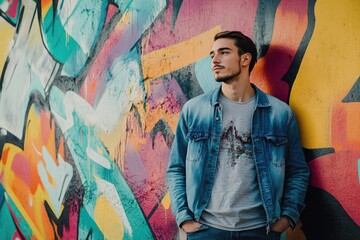 Attractive young man standing against colorful graffiti wall  looking away