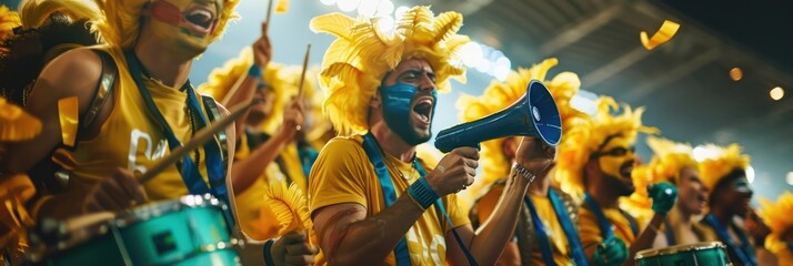 Vibrant yellow, blue fans cheer loudly in sports stadium. One enthusiastic individual holds megaphone, amplifying excitement as celebrate team performance. Crowd dressed in matching colors, adding to