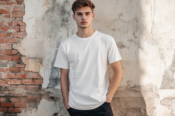 Fashionable man in blank t shirt against street wall pose.