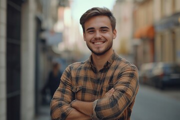 Obraz premium Happy young man with folded arms in city portrait.