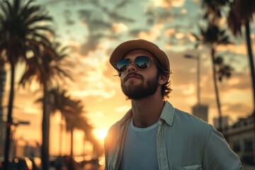 Hipster style guy. Fashion man on street palm at sunset