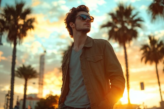 Hipster style guy. Fashion man on street palm at sunset - Powered by Adobe