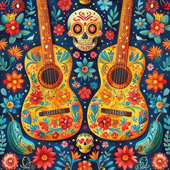 Festive Dia De Muertos pattern background with flowers