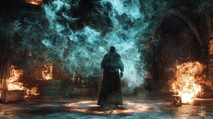 Fototapeta premium Malevolent Warlock Summoning Dark Magic in Enchanted Chamber with Glowing Runes and Ethereal Smoke - 3D Render Illustration