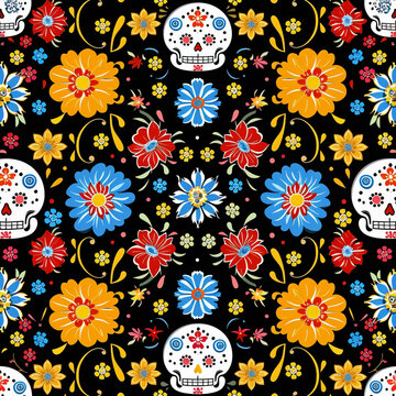 Festive Dia De Muertos pattern background with flowers