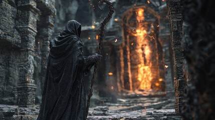 Dark Warlock Summoning Dark Forces in Ancient Temple - 3D Render with Twisted Staff