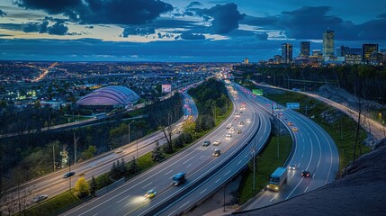 Aerial view of Hamilton cityscape with highway display. Towering skyscrapers and residential areas surround Lake Ontario shoreline. Urban architecture and coastal landscape blend together.
