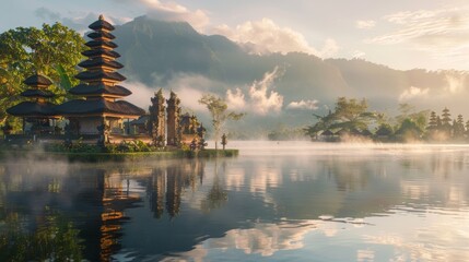 Fototapeta premium Japanese temple in the middle of a lake at sunset