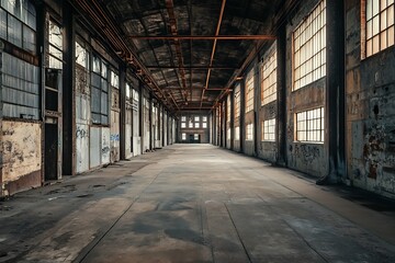 Abandoned industrial building with graffiti and long hallway