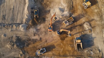 Aerial view of large construction site with several earthmover machines. Heavy industry vehicles work on sandy ground. Engineering equipment and machinery visible in the background.