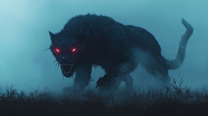 Mysterious 3D Render of a Sinister Creature with Glowing Eyes in a Misty Landscape