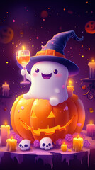 Fototapeta premium Smiling ghost with witch hat holding wine glass on a glowing pumpkin