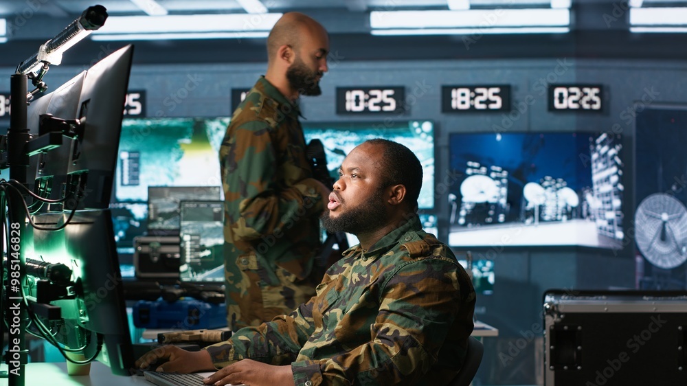 Poster military agent working in control room, analyzing aerial reconnaissance data and talking with collea