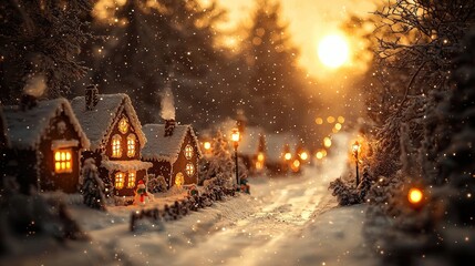 Fototapeta premium A bustling cobblestone street lined with charming Victorian-style shops and homes, decorated with wreaths and garlands, carolers singing under gas lamps, and horse-drawn carriages passing by.