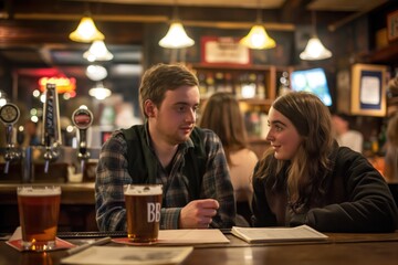 Cozy pub interior with rustic wooden decor, blackboard signs, and rows of beer taps. Warm atmosphere with dim lighting, perfect for night out with friends or family enjoying drinks and socializing.