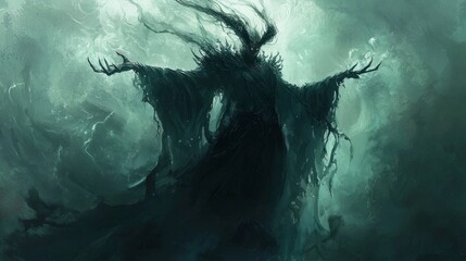 Malevolent Warlock Conjuror Summoning Dark Forces in Shadowy Realm