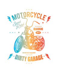 T-shirt or poster design with an illustration of an old motorcycle. Original vector illustration in vintage style.