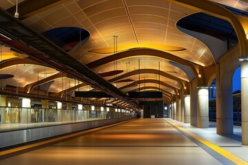 Fototapeta premium Modern Adelaide railway station interior design features light-filled interior, glass walls, sleek building architecture. Historic building facade contrasts with modern railway station interior.
