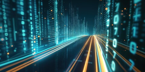 Abstract highway path through digital binary towers in city. Concept of big data, machine learning, AI, hyper loop, virtual reality, high-speed network.